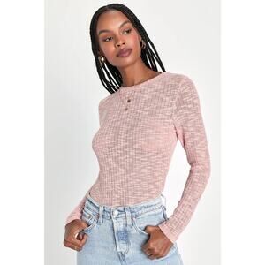 [Free People] Blush Pink Ribbed Knit Aura Layering Long Sleeve Top Crew Neck XL